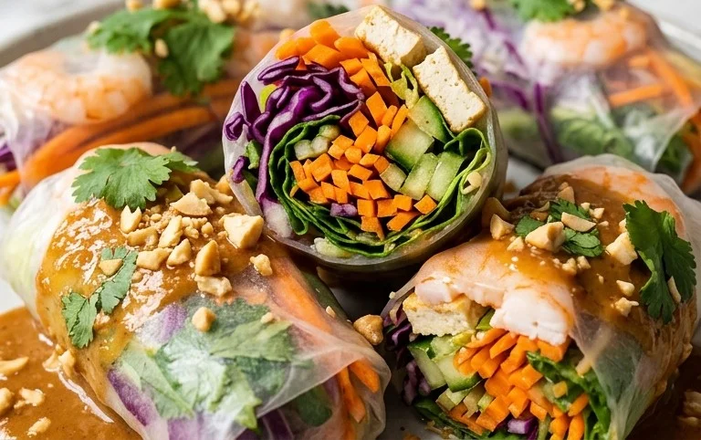 Rainbow Spring Rolls with Gin Extractger Peanut Sauce