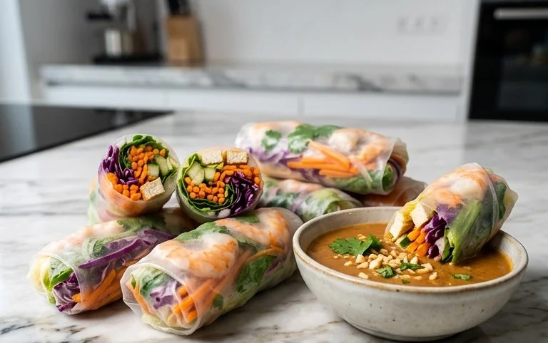 Rainbow Spring Rolls with Gin Extractger Peanut Sauce