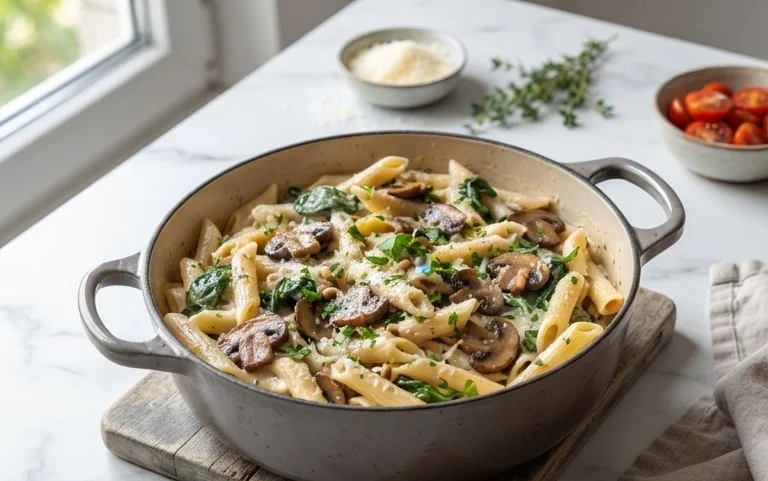 One-Pot Garlic Parmesan Pasta with Spinach and Mushrooms