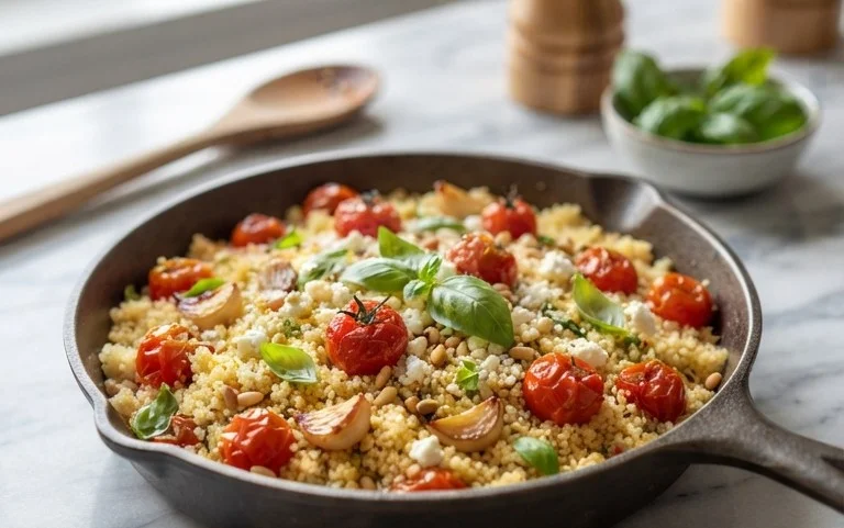 Healthy One-Pan Couscous With Garlic, Tomatoes And Basil