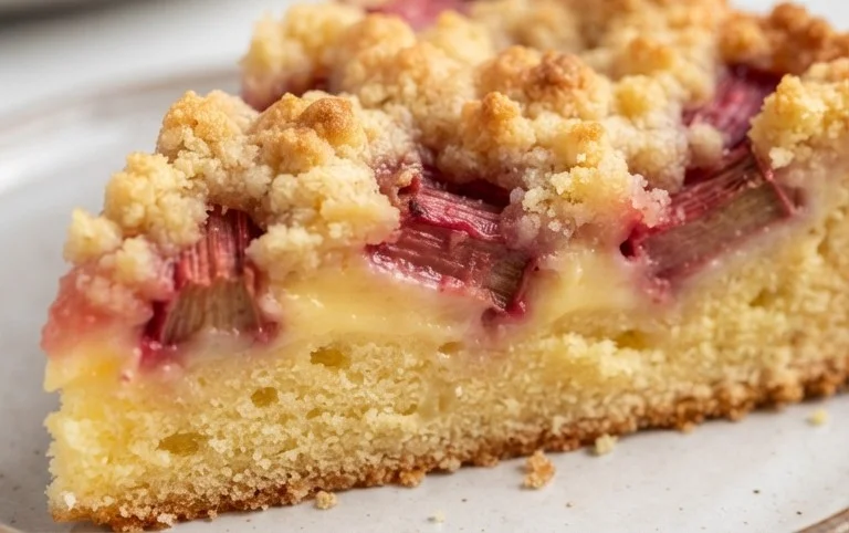 Rhabarberkuchen mit Pudding und Streuseln – wie von Oma