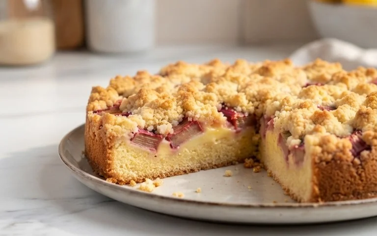 Rhabarberkuchen mit Pudding und Streuseln – wie von Oma