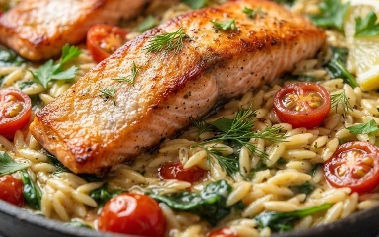 One Skillet Salmon with Lemon Orzo