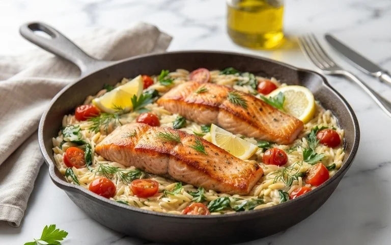 One Skillet Salmon with Lemon Orzo