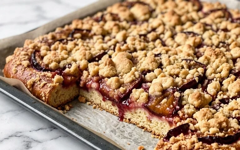 Rezept für Streusel-Pflaumenkuchen vom Blech mit Hefeteig