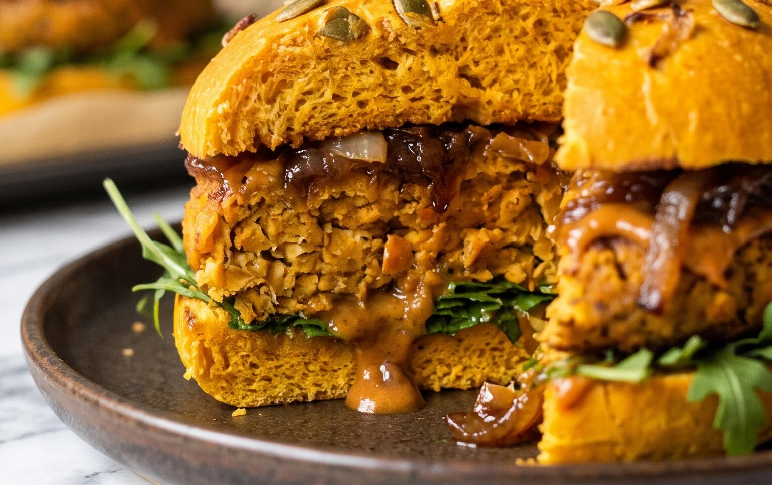 Kürbis-Zwiebel-Burger-Brötchen und Kürbis-Linsen-Patties: Herbstburger-Sause