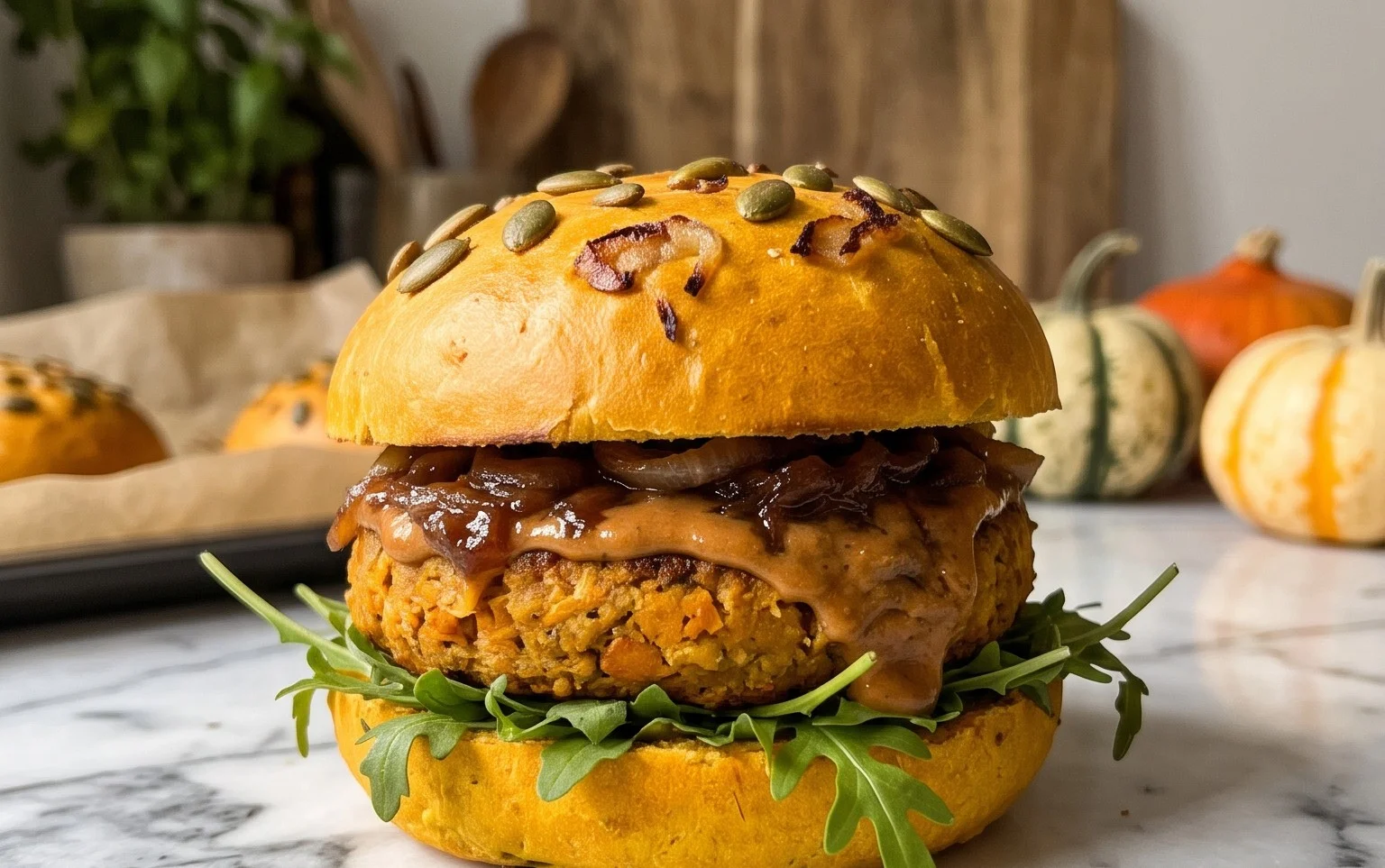 Kürbis Zwiebel Burger Brötchen & Linsen Patties